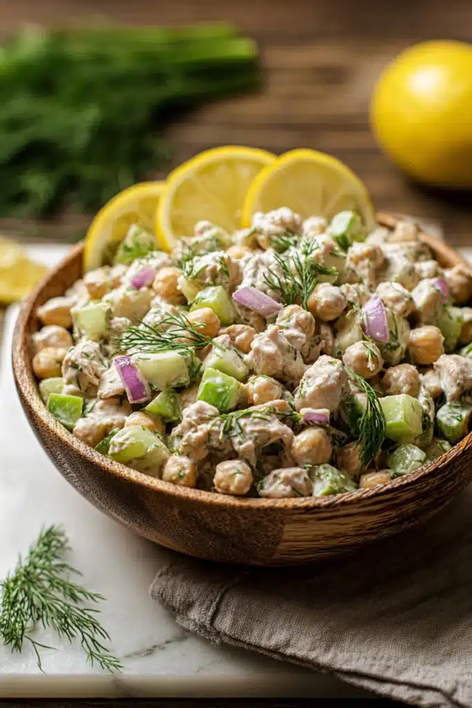 Tuna Garbanzo Bean Salad Recipe 1 Tuna garbanzo bean salad with chickpeas, celery, and herbs in a bowl