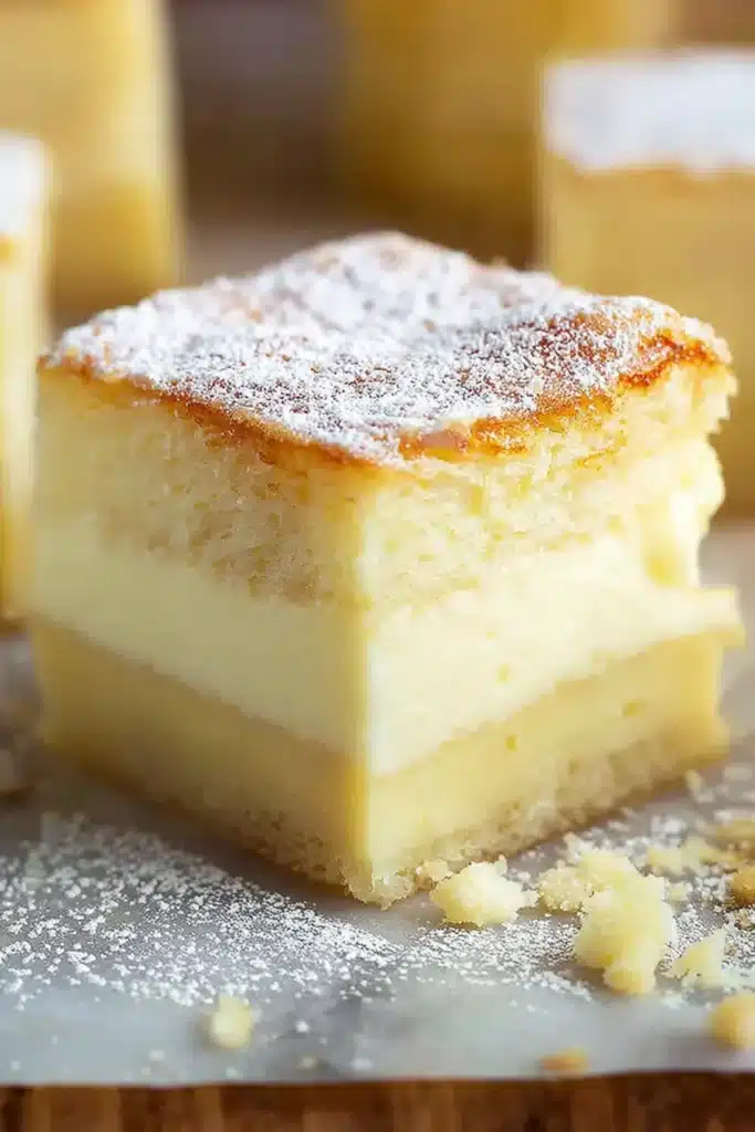 Vanilla Magic Custard Cake: A Three-Layer Dessert Made from One Batter 2 Vanilla Magic Custard Cake slice showing three creamy layers
