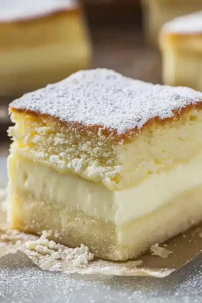 Vanilla Magic Custard Cake: A Three-Layer Dessert Made from One Batter 1 Vanilla magic custard cake slice with three layers and powdered sugar