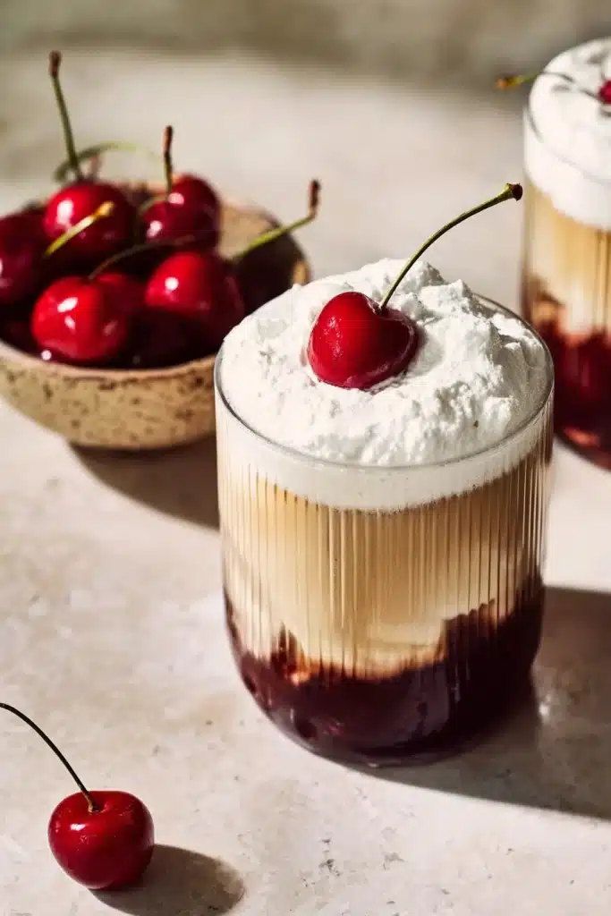 Viral Cherry Vanilla Latte That Tastes Amazing and Easy 1 Iced cherry vanilla latte with whipped foam and fresh cherry garnish in layered glass