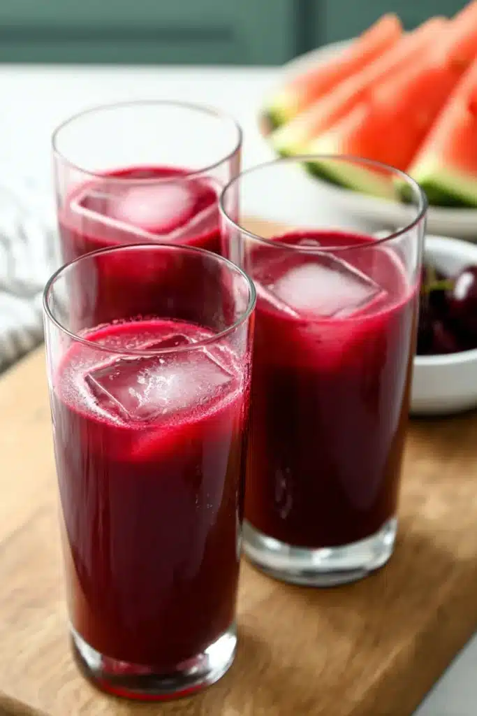 Watermelon Cherry Berry Beet Juice Recipe for a Vibrant Boost 1 Three glasses of watermelon cherry beet juice with ice on marble surface