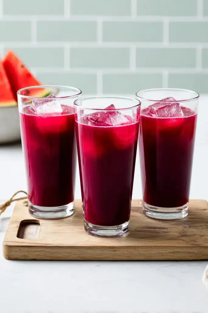 Watermelon Cherry Berry Beet Juice Recipe for a Vibrant Boost 3 Three glasses of Watermelon Cherry Berry Beet Juice with ice on marble board