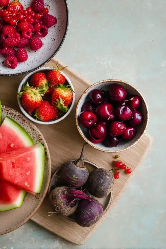 Watermelon Cherry Berry Beet Juice Recipe for a Vibrant Boost 2 Fresh ingredients for Watermelon Cherry Berry Beet Juice on marble surface
