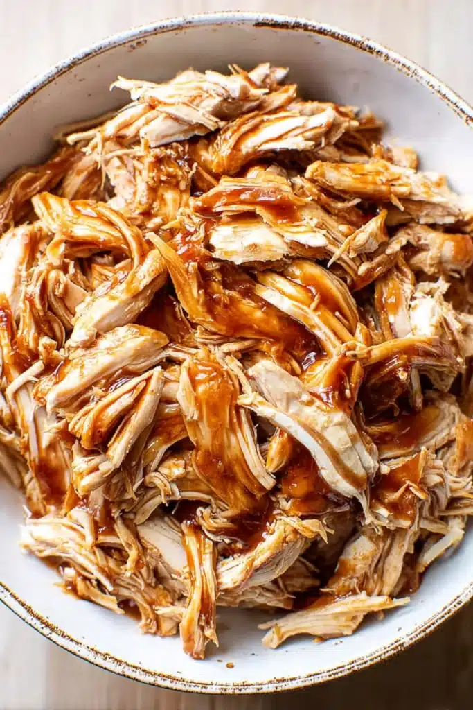 Shredded crock pot teriyaki chicken coated in glossy homemade teriyaki sauce