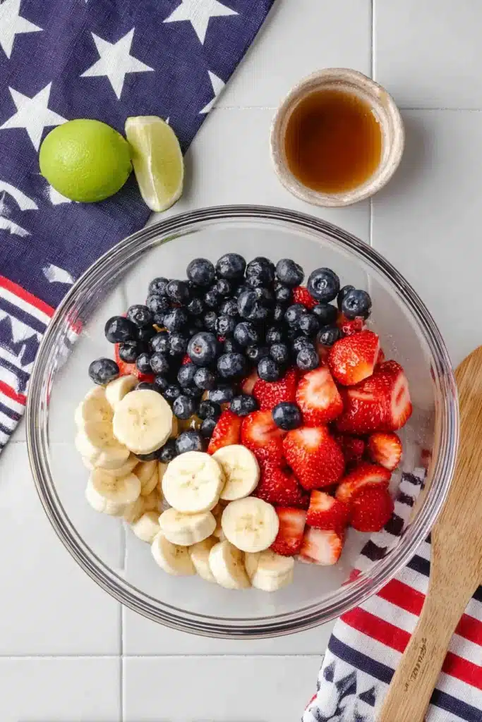 4th of July Fruit Salad ingredients strawberries blueberries bananas honey lime