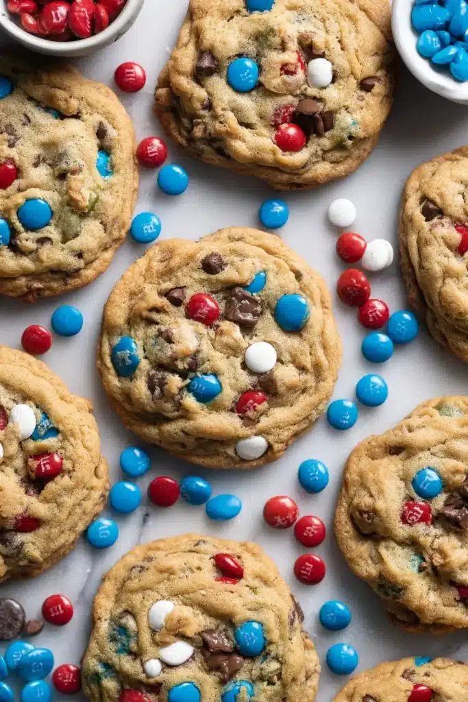 4th of July Monster Cookies 2 4th of July Monster Cookies with red white blue candies and chocolate chips