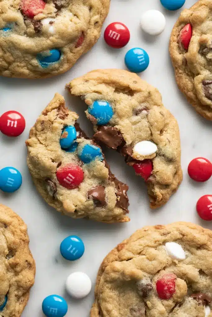 4th of July Monster Cookies 1 4th of July Monster Cookies broken open showing soft chewy center with chocolate and candies