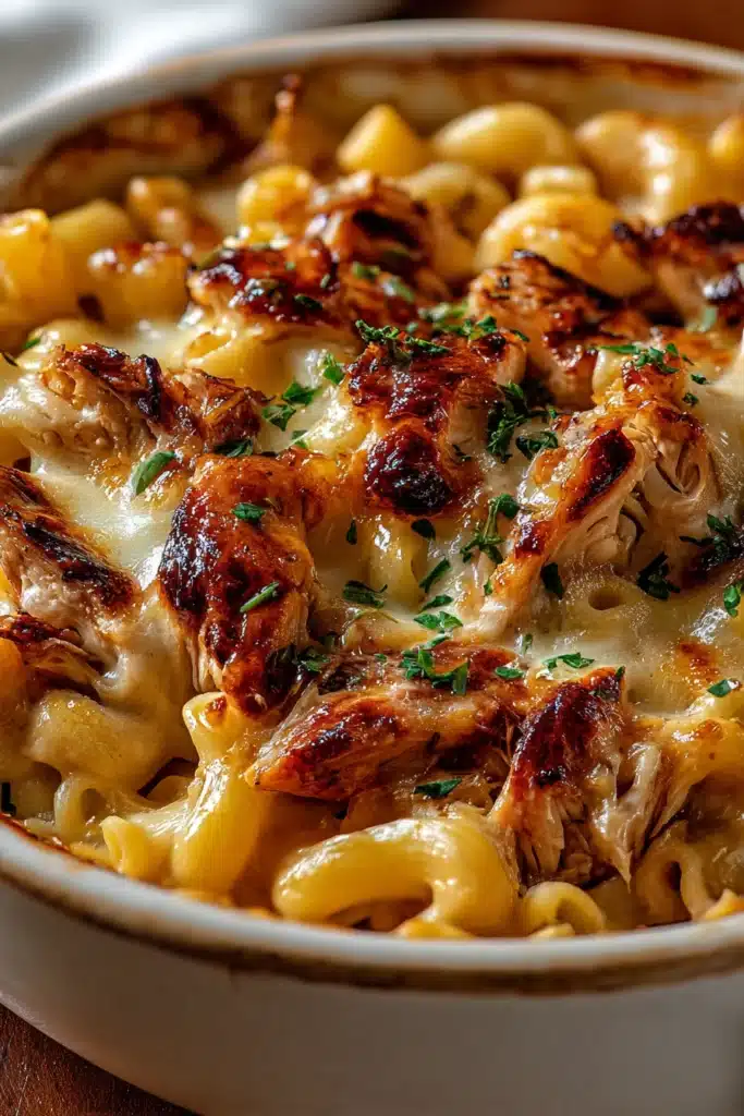 BBQ Chicken Mac and Cheese 1 BBQ chicken mac and cheese with creamy melted cheese and caramelized chicken in a bowl