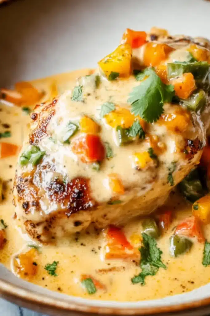 Baked Queso Chicken Recipe 1 Baked queso chicken with creamy cheese sauce and peppers on a plate