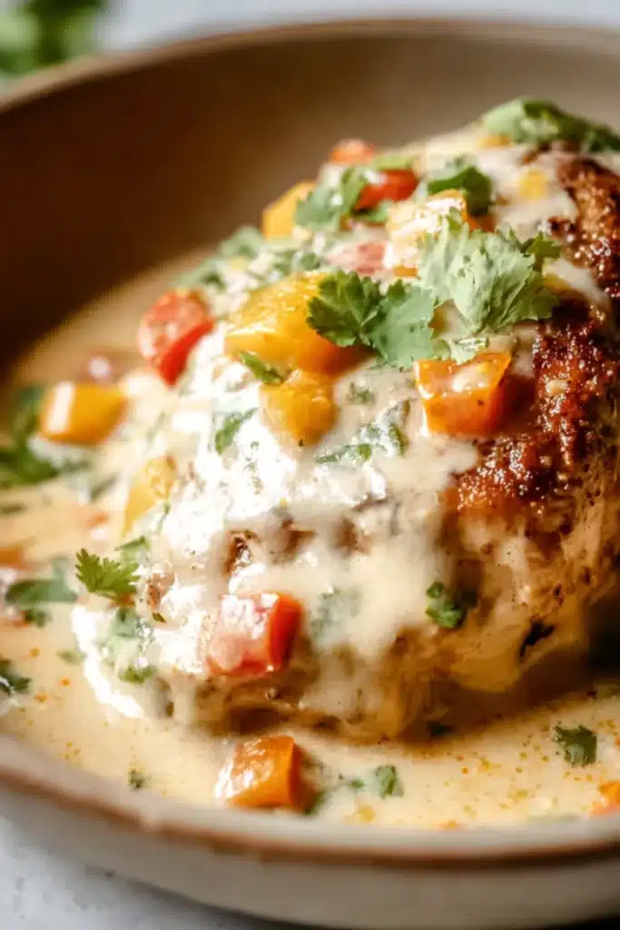 Baked Queso Chicken Recipe 2 Baked Queso Chicken with creamy cheese sauce and peppers in a bowl