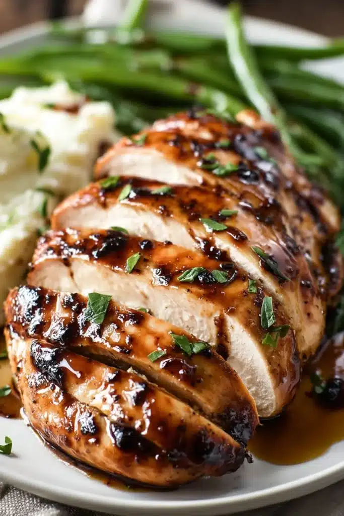 Balsamic Baked Chicken Breast 1 Balsamic baked chicken breast sliced with glossy glaze and herbs on plate