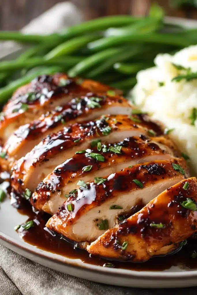 Balsamic Baked Chicken Breast 2 Balsamic Baked Chicken Breast sliced with glossy glaze and herbs