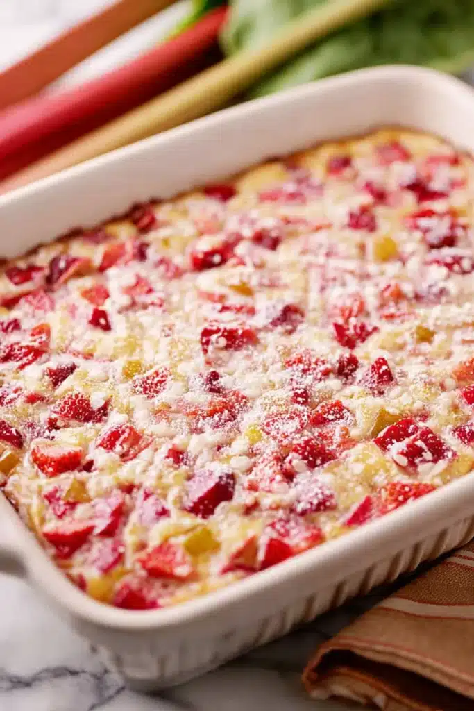 Best Strawberry Rhubarb Custard Recipe 1 Strawberry rhubarb custard baked in a ceramic dish with golden top and powdered sugar