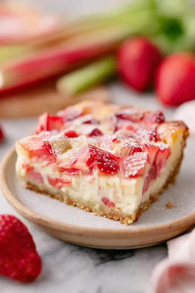 Best Strawberry Rhubarb Custard Recipe 2 Best Strawberry Rhubarb Custard slice with creamy layers and fresh fruit topping
