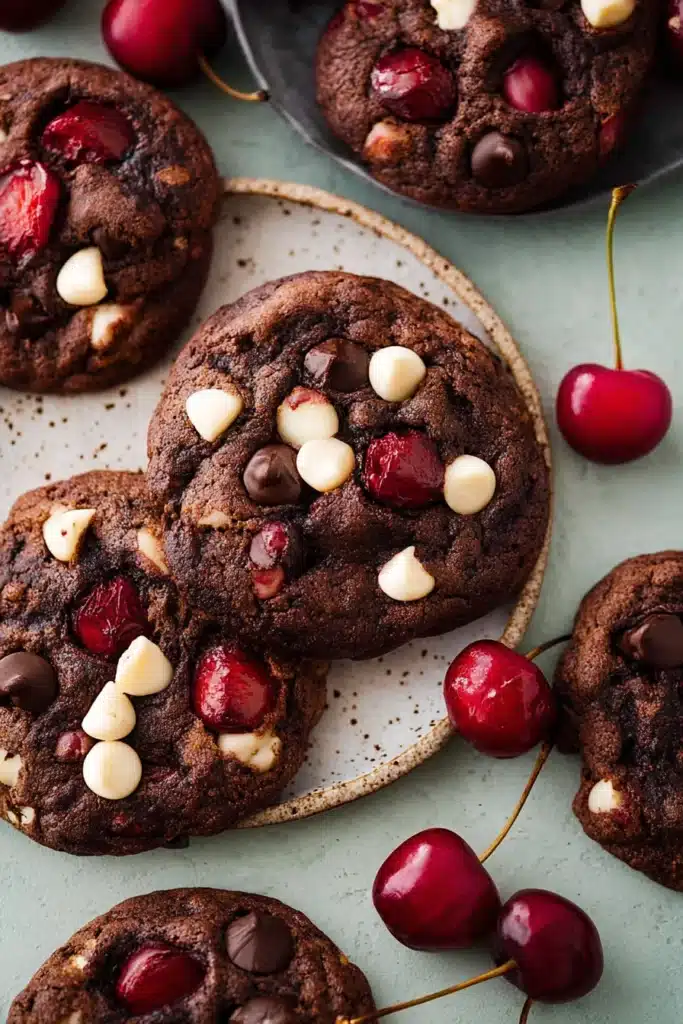 Black Forest cookies with chocolate chips and fresh cherries on a light surface