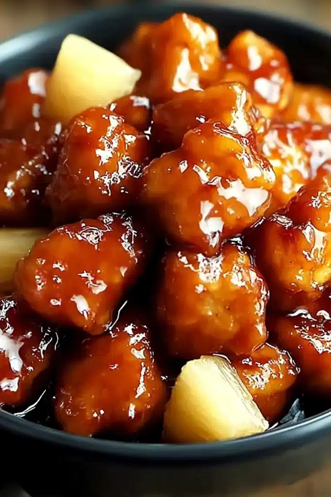 Brown Sugar Pineapple Chicken Recipe (Sweet, Juicy, Easy) 2 Brown Sugar Pineapple Chicken with glossy sticky sauce and pineapple chunks