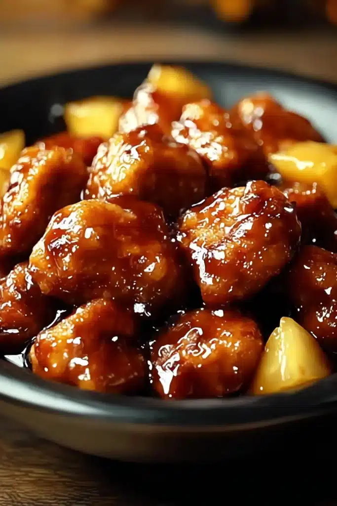 Brown Sugar Pineapple Chicken Recipe (Sweet, Juicy, Easy) 1 Brown sugar pineapple chicken with glossy sauce and juicy pineapple chunks