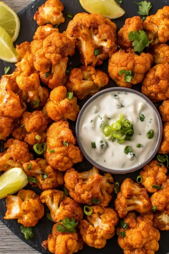 Buffalo Cauliflower Recipe Crispy, Spicy, and Easy Air Fryer 1 Crispy buffalo cauliflower bites with creamy dip and herbs on dark plate