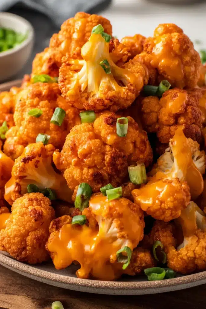 Buffalo Cauliflower Recipe Crispy, Spicy, and Easy Air Fryer 2 Crispy buffalo cauliflower bites with green onions on plate