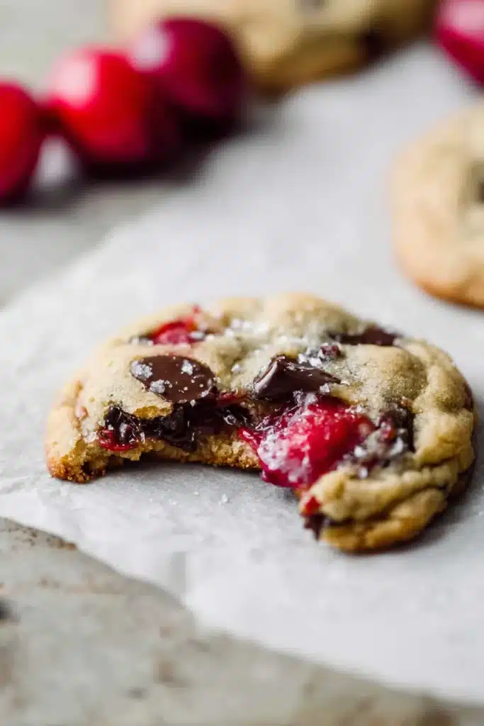 Cherry Chocolate Chip Cookies 3 Bitten Cherry Chocolate Chip Cookies showing gooey center and melted chocolate