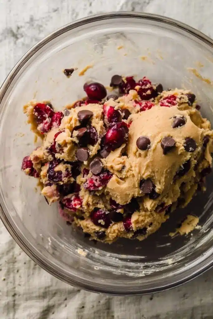 Cherry Chocolate Chip Cookies 2 Cherry Chocolate Chip Cookies dough with cherries and chocolate chips in mixing bowl