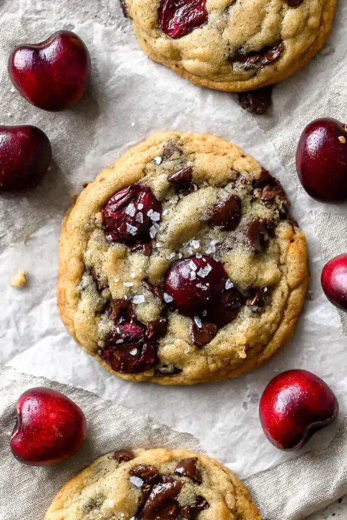 Cherry Chocolate Chip Cookies 1 Cherry chocolate chip cookies with melted chocolate and fresh cherries on a rustic surface