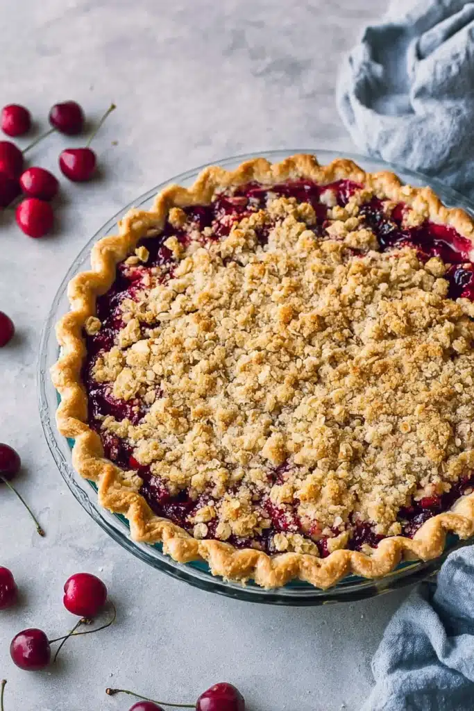 Cherry Crumble Pie 1 Cherry crumble pie with golden oat topping and juicy cherry filling in a rustic pie dish