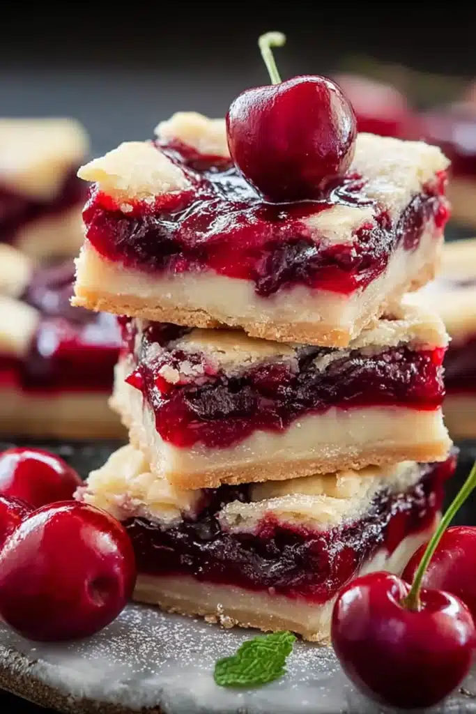 Cherry pie bars stacked with glossy cherry filling and buttery crust layers