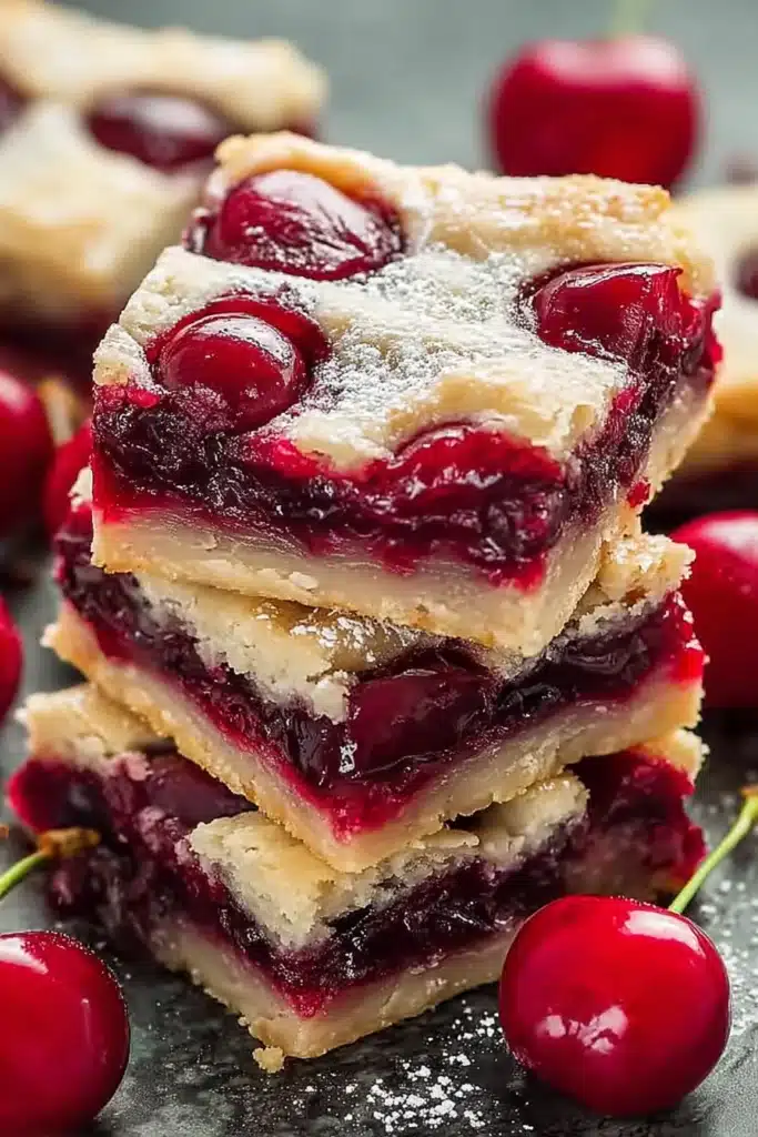 Cherry Pie Bars stacked with glossy cherry filling and buttery crust layers