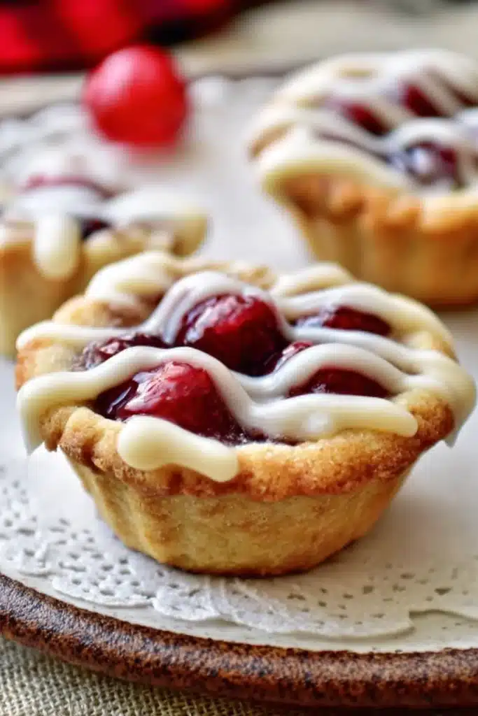 Cherry Pie Cookie Cups Recipe Easy Sweet Bite Dessert 1 Cherry pie cookie cups with glaze on a rustic plate
