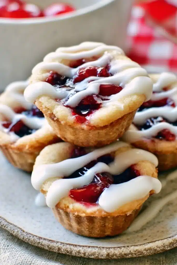 Cherry Pie Cookie Cups Recipe Easy Sweet Bite Dessert 2 Cherry Pie Cookie Cups stacked with glaze and cherry filling