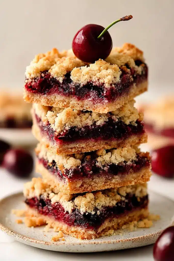 Cherry Pie Crumb Bars 1 Cherry pie crumb bars stacked with buttery crust and juicy cherry filling