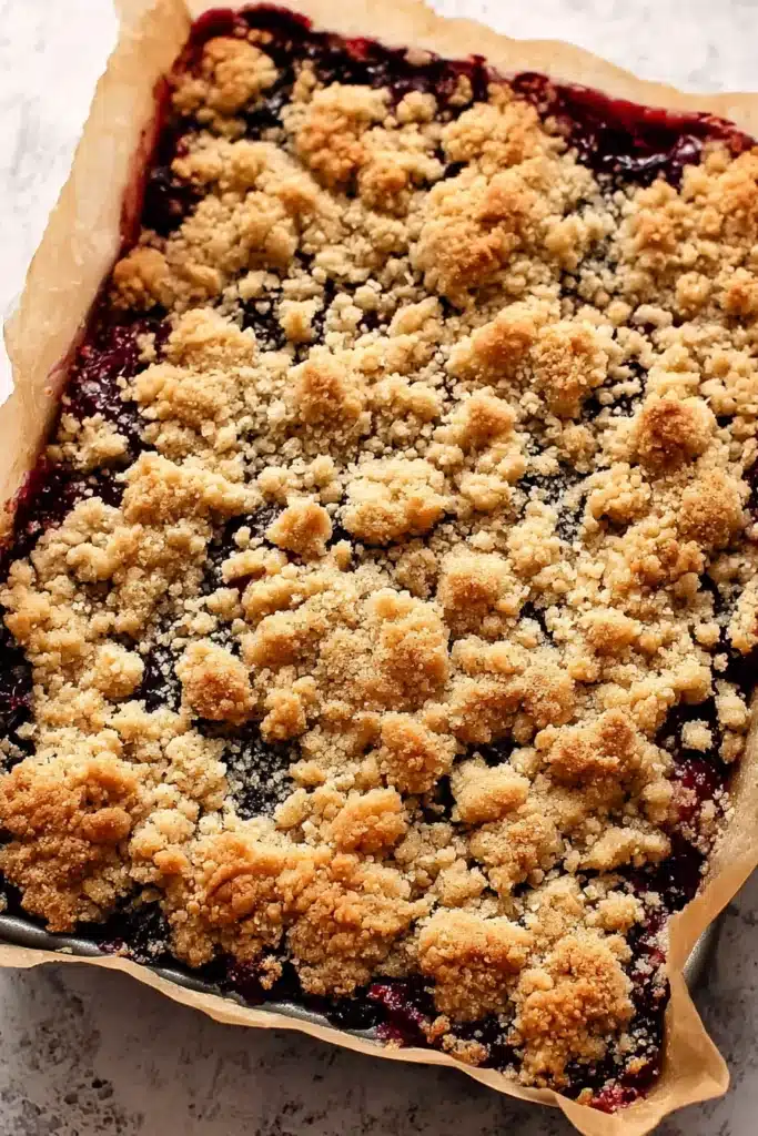 Cherry Pie Crumb Bars 2 Cherry Pie Crumb Bars baked in pan with golden crumb topping