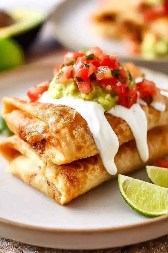 Crispy chicken chimichangas topped with salsa, guacamole, and sour cream on a plate