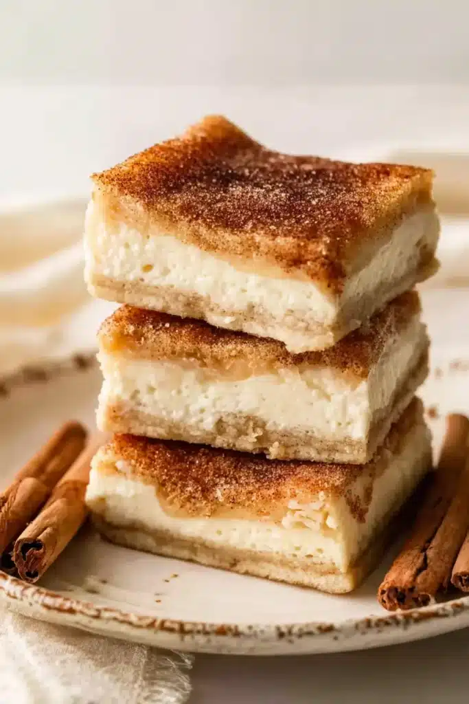 Churro Cheesecake Bars 2 Churro Cheesecake Bars stacked with creamy layers and cinnamon sugar crust