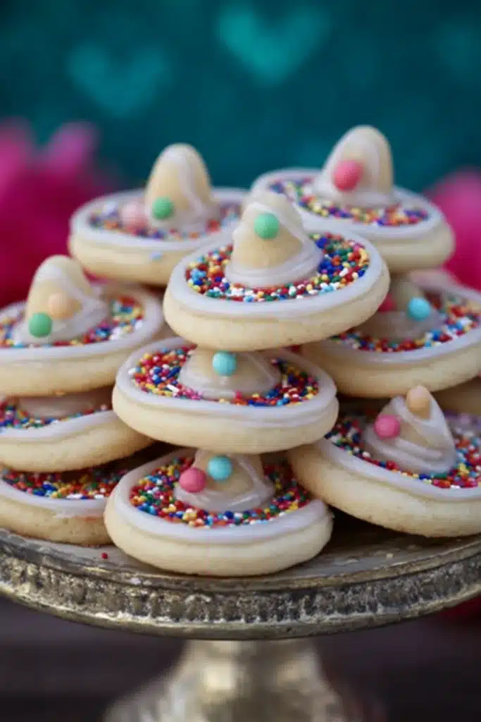 Cinco De Mayo Sombrero Cookies 2 Cinco De Mayo Sombrero Cookies with sprinkles and candy tops on serving plate