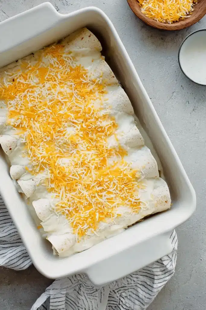 Sour Cream Chicken Enchiladas in baking dish with creamy sauce and cheese