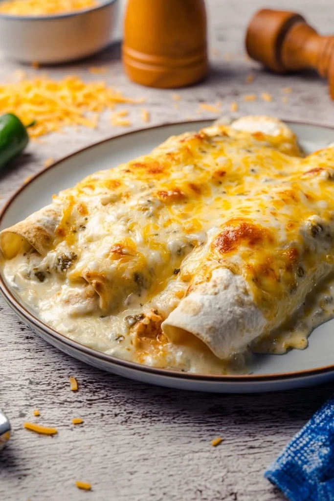 Sour cream chicken enchiladas with creamy white sauce and melted cheese on plate