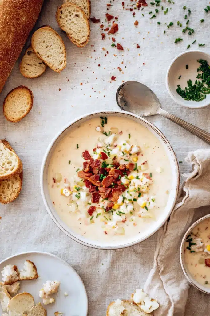 Crab And Corn Chowder Recipe That’s Creamy, Easy, and Comforting 2 Crab And Corn Chowder served with bread and toppings in a creamy seafood bowl