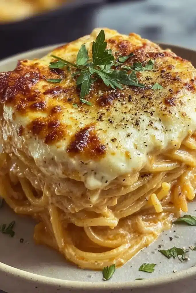 Cream Cheese Spaghetti Casserole 1 Cream cheese spaghetti casserole slice with melted golden cheese and parsley garnish