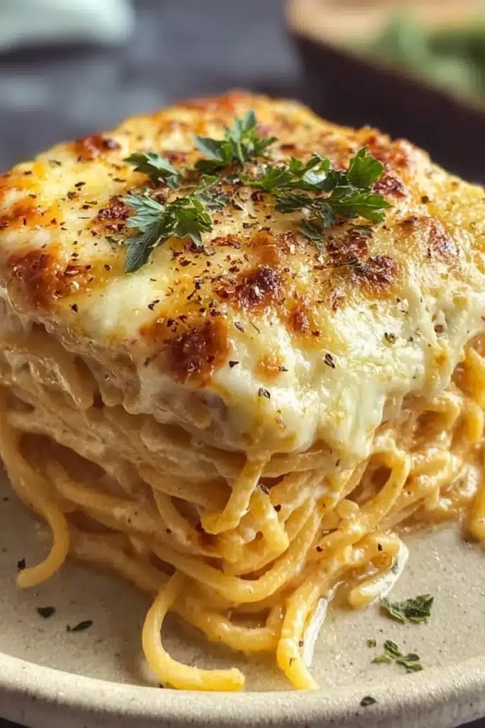 Cream Cheese Spaghetti Casserole 2 Cream Cheese Spaghetti Casserole slice with golden melted cheese and creamy layers
