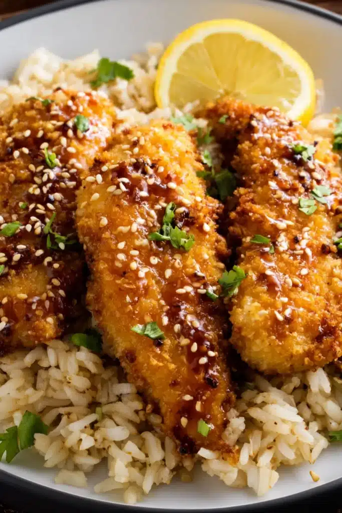 Crunchy Hot Honey Chicken Recipe You’ll Crave Every Week 1 Crunchy hot honey chicken with sesame seeds served over rice with lemon wedge