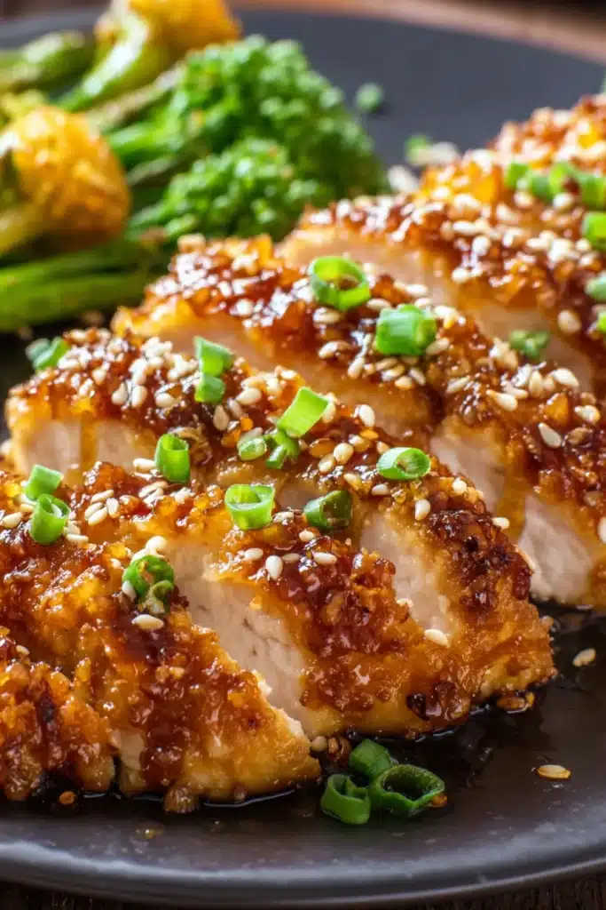 Crunchy Hot Honey Chicken Recipe You’ll Crave Every Week 2 Crunchy Hot Honey Chicken sliced with sesame seeds and glaze