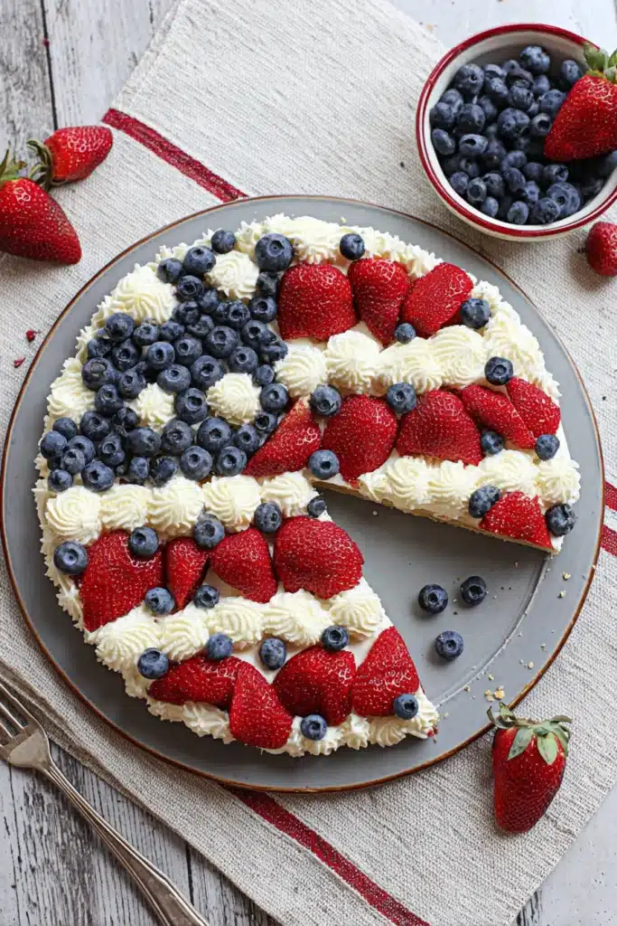 Easy American Flag Fruit Pizza whole and sliced on plate with berries and cream