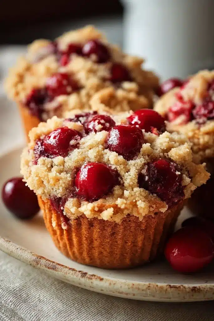 Easy Cherry Cobbler Muffins 1 Cherry streusel muffins with crumb topping and juicy red cherries on a plate