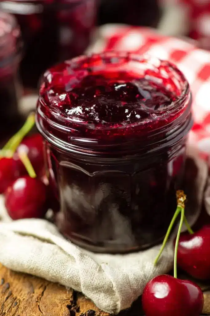 Homemade easy cherry vanilla jam in a glass jar with fresh cherries