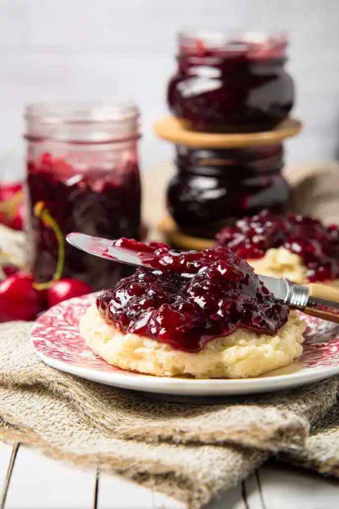 Easy Cherry Vanilla Jam spread on biscuit with knife