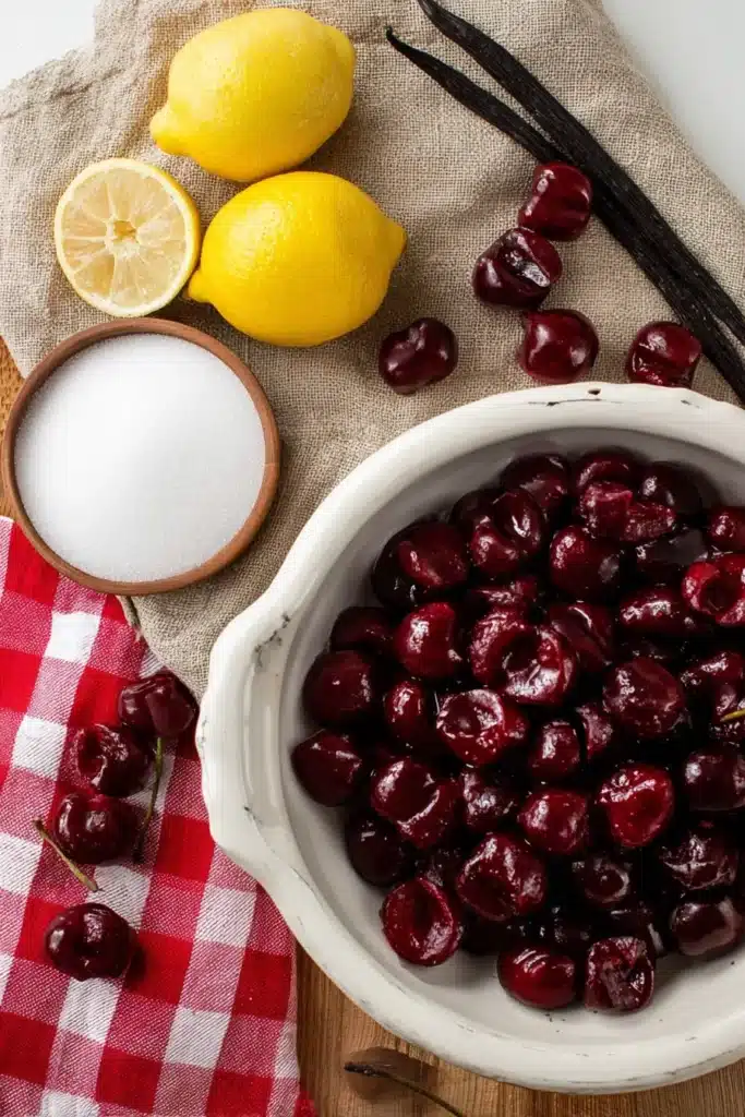 Easy Cherry Vanilla Jam ingredients with fresh cherries sugar lemon and vanilla
