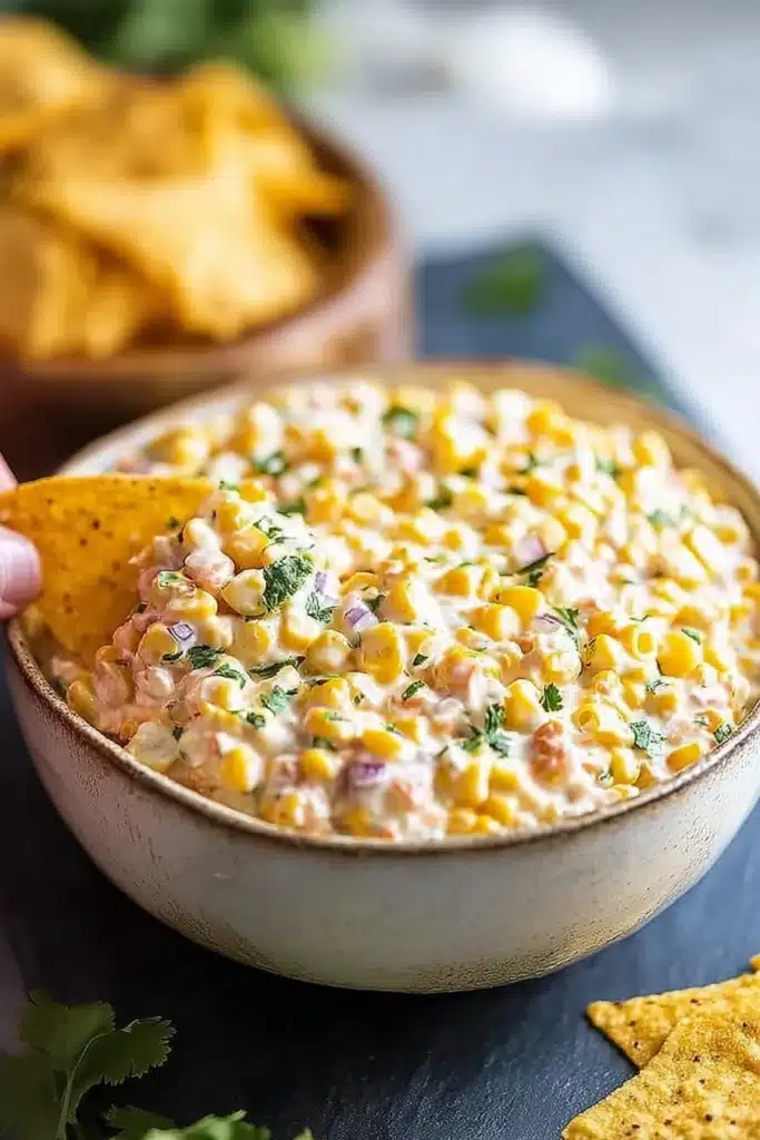 Easy Traditional Corn Dip 3 Easy Traditional Corn Dip served with tortilla chips being dipped
