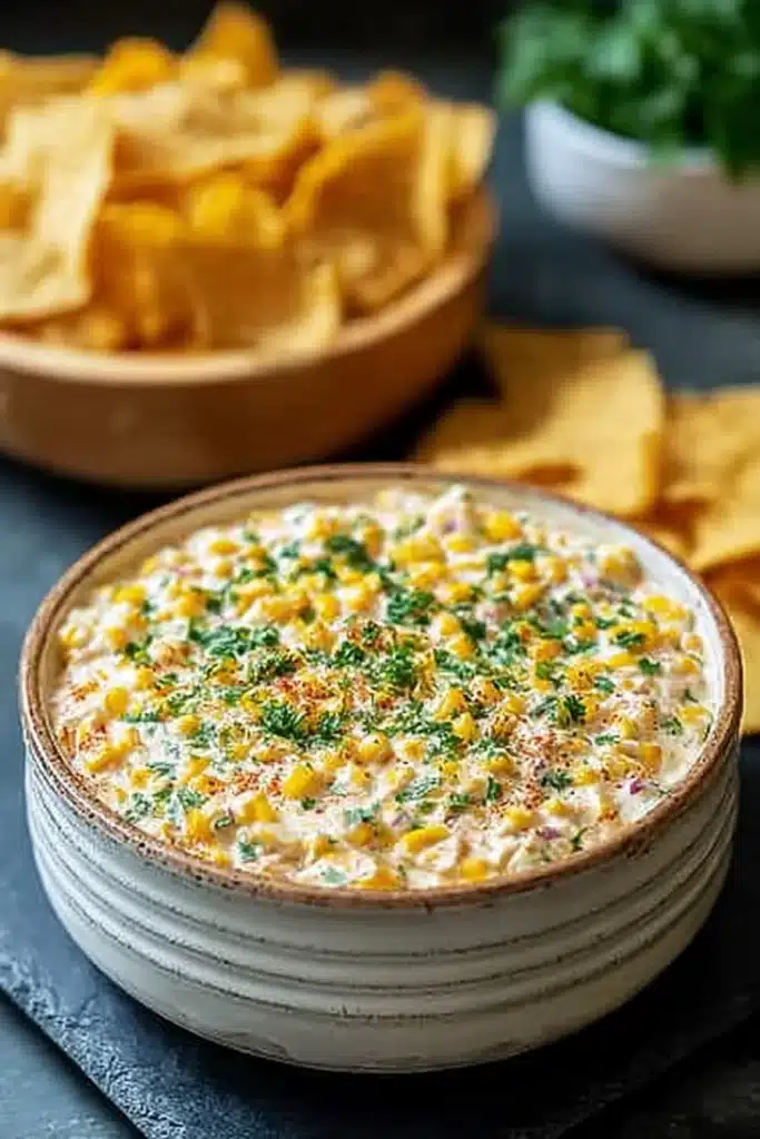 Easy Traditional Corn Dip 1 Easy traditional corn dip in a bowl with tortilla chips on the side